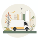 Una camioneta de entregas recoge la ciudad entregando cestas de Disfruta & Verdura Fruta Oficina.